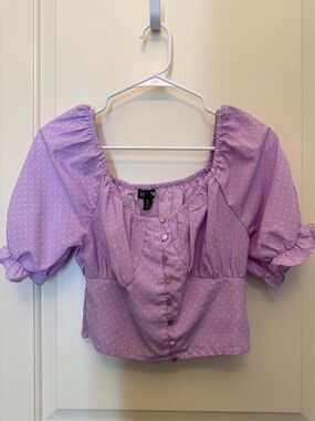 Lilac Puff Sleeve white Polka Dot Crop Top with smocked back